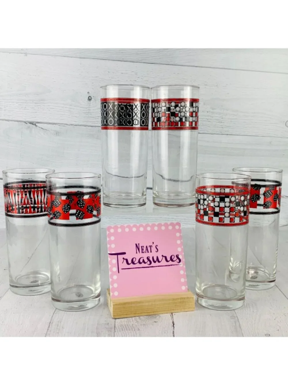 Home Essential CLASSIC GAMES Style 1916 Black Red Motif Highball Glasses Set 6